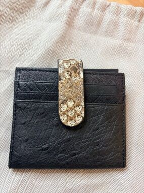 H Black Leather Card Holder Snaps Detail genuine ostrich python HSS unisex